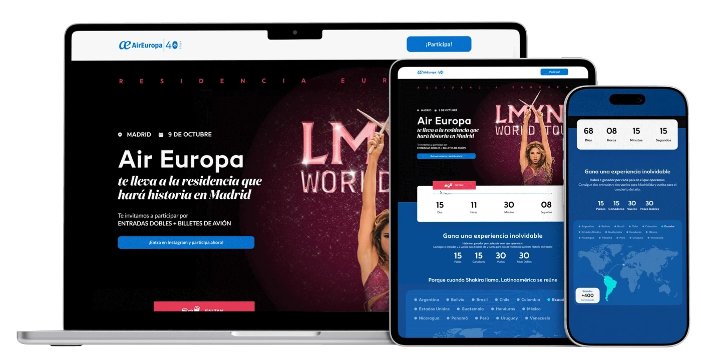 Mockup del landing de la campaña Air Europa × Shakira en Madrid, en laptop, tablet y celular
