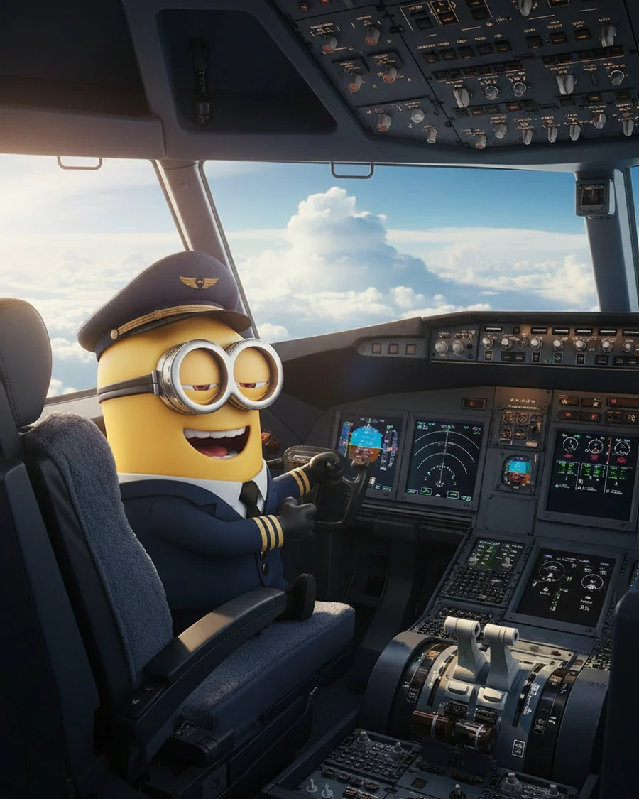 Minion vestido de piloto en la cabina de mando