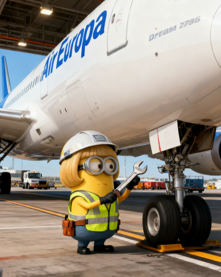 Minion vestido de técnico de mantenimiento junto al avión