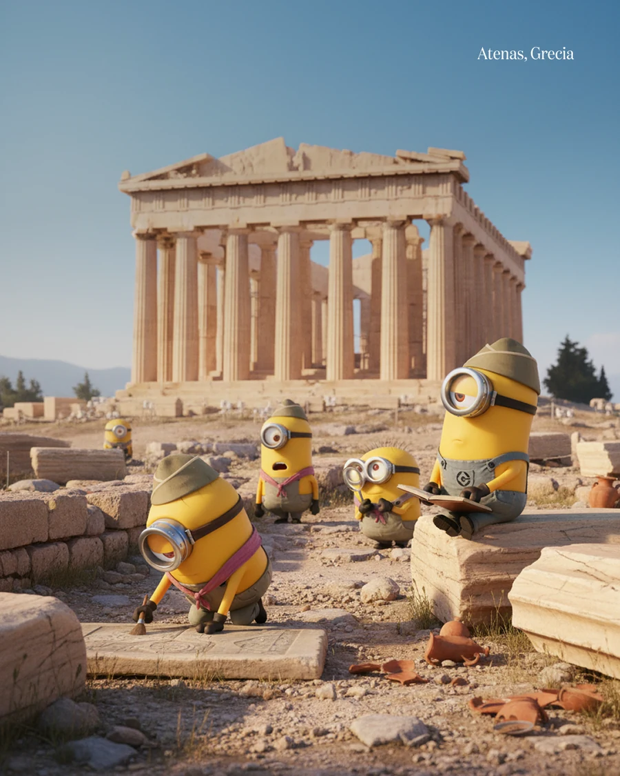 Minions arqueólogos en la Acrópolis de Atenas