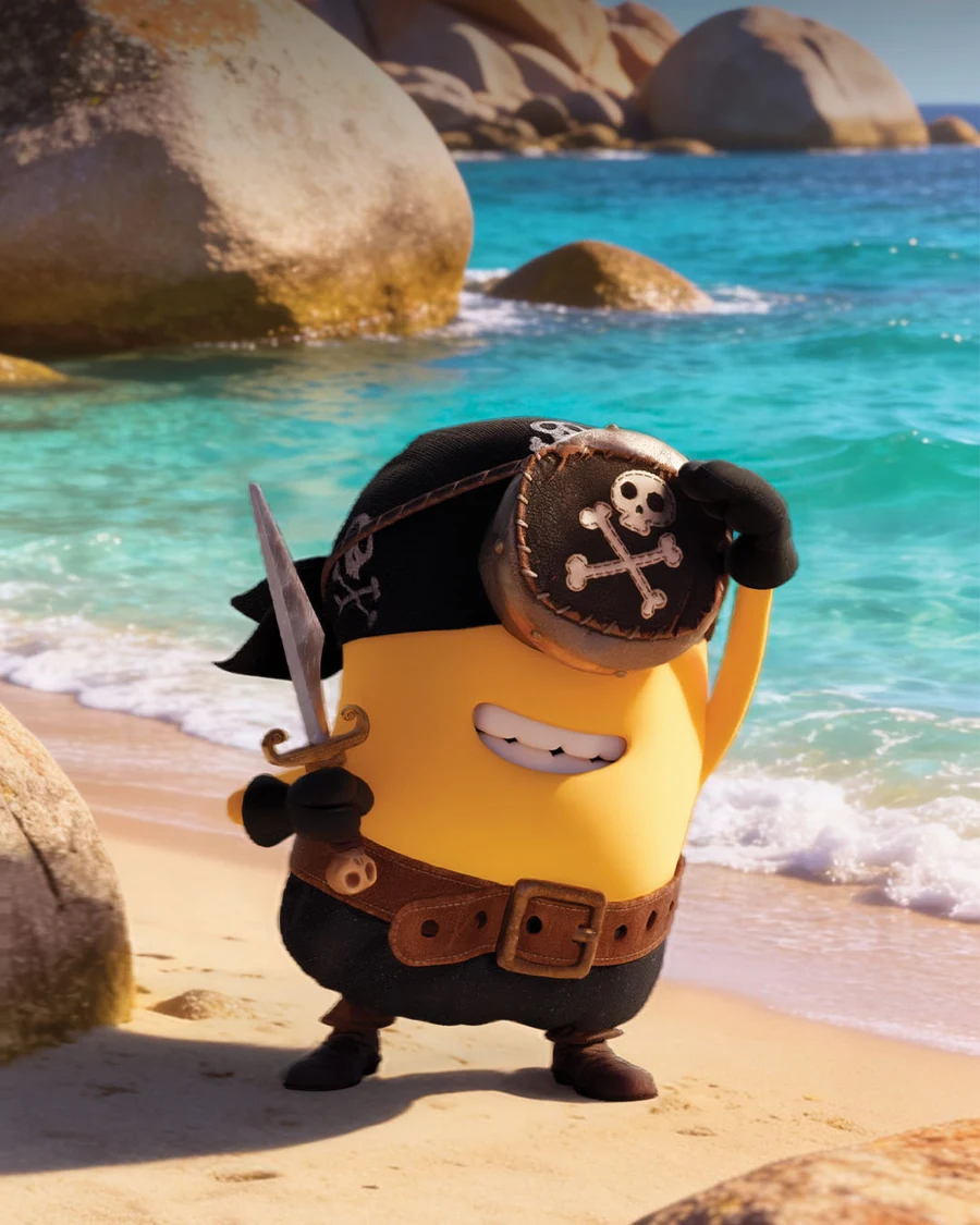 Un minion disfrazado de pirata en la playa