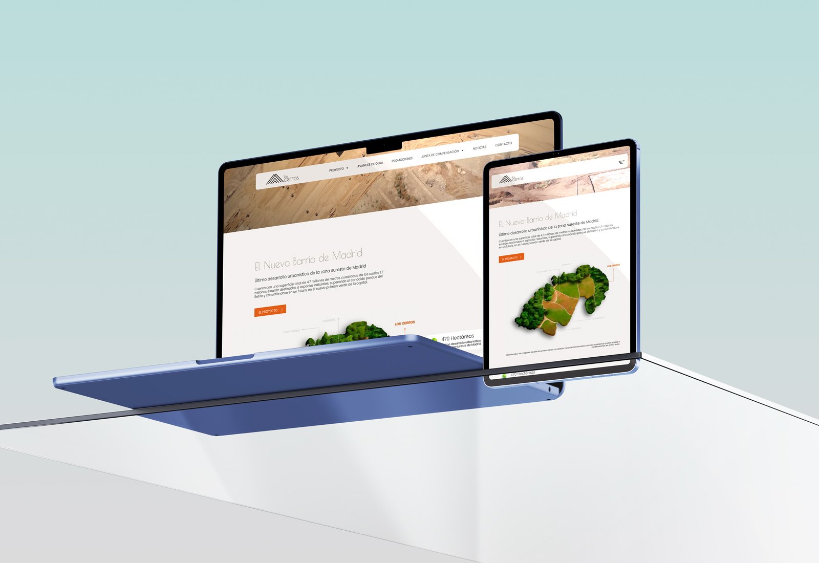Mockup de diseño web inmobiliario de Los Cerros en Madrid visualizado en un portátil