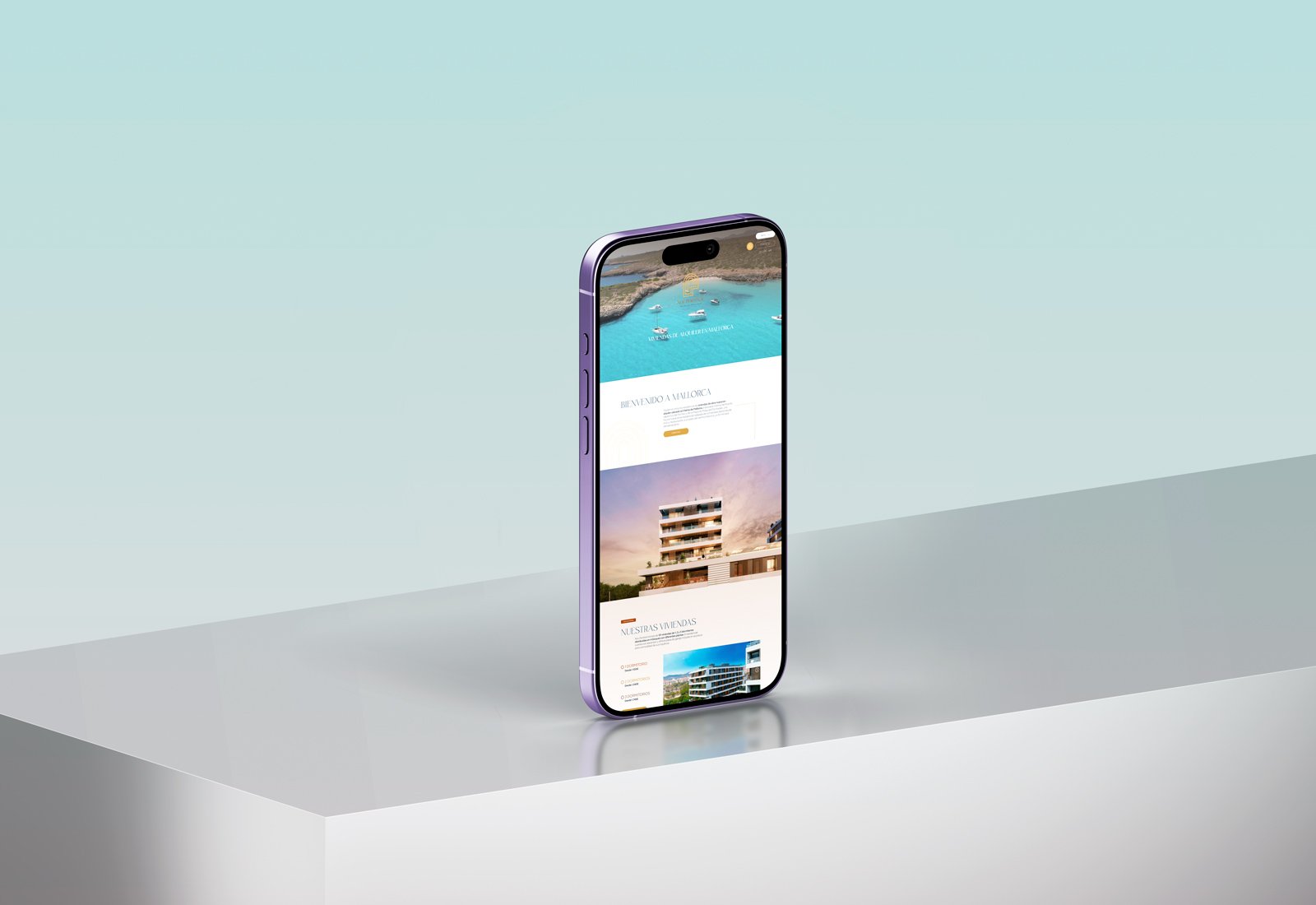 Mockup de landing inmobiliaria de Nou Portixol visualizado en un móvil.